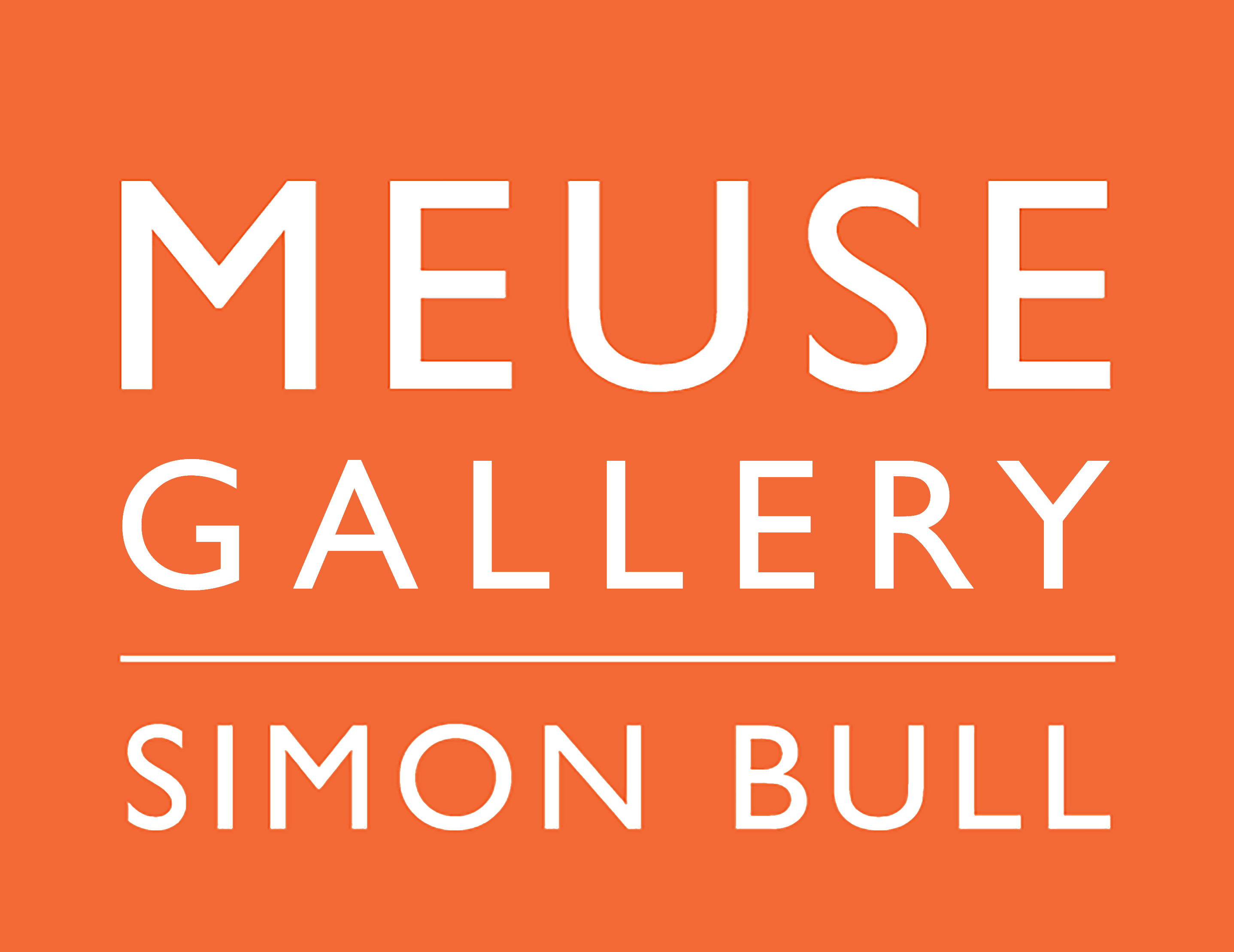 Logo for Meuse Gallery featuring Simon Bull on an orange background